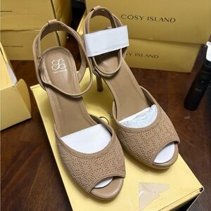 Women's Tan Knit Peep-Toe Ankle Strap Heels